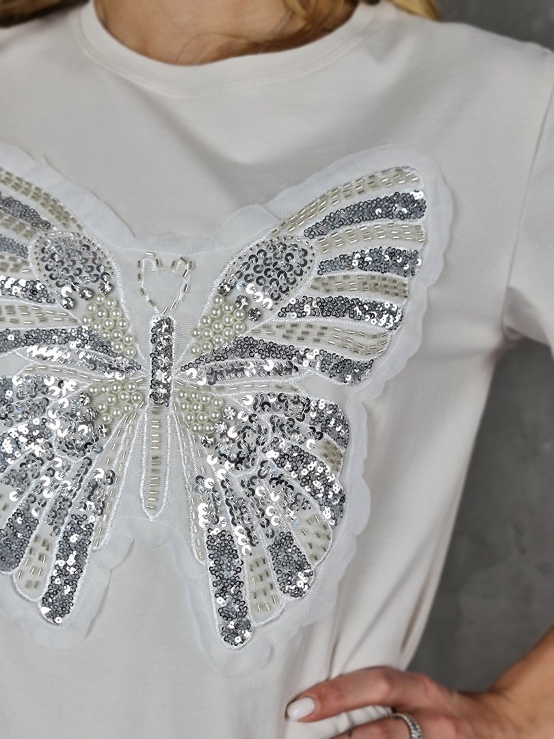 Футболка Monte Cervino с большой бабочкой из страз кремовая, фотография №4