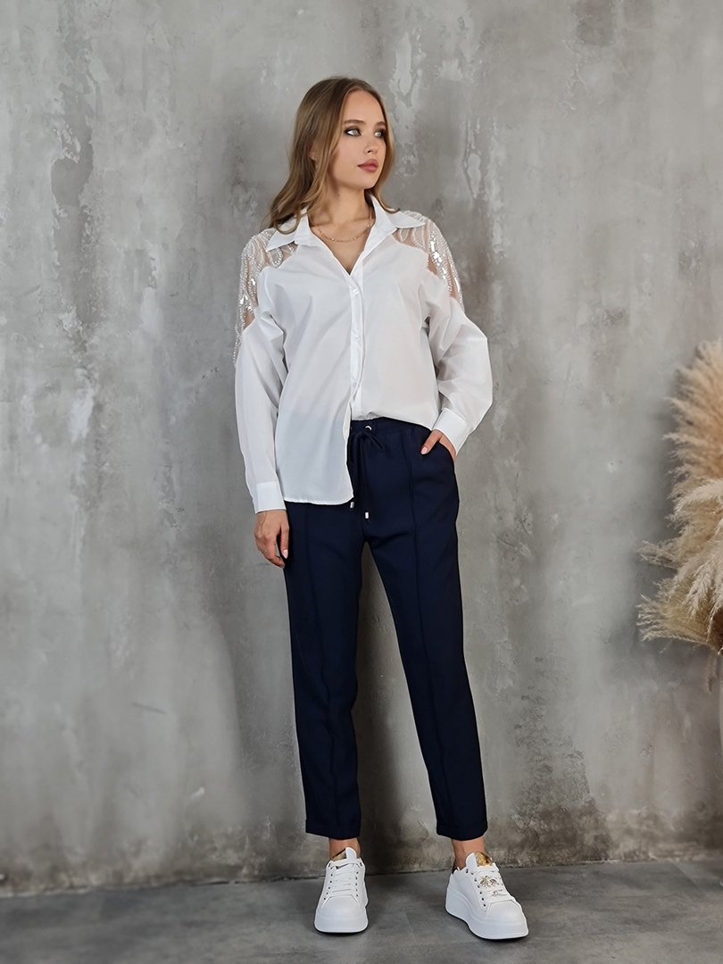 Брюки Imperial с завязочками из тонкой ткани темно-синие, фотография №2