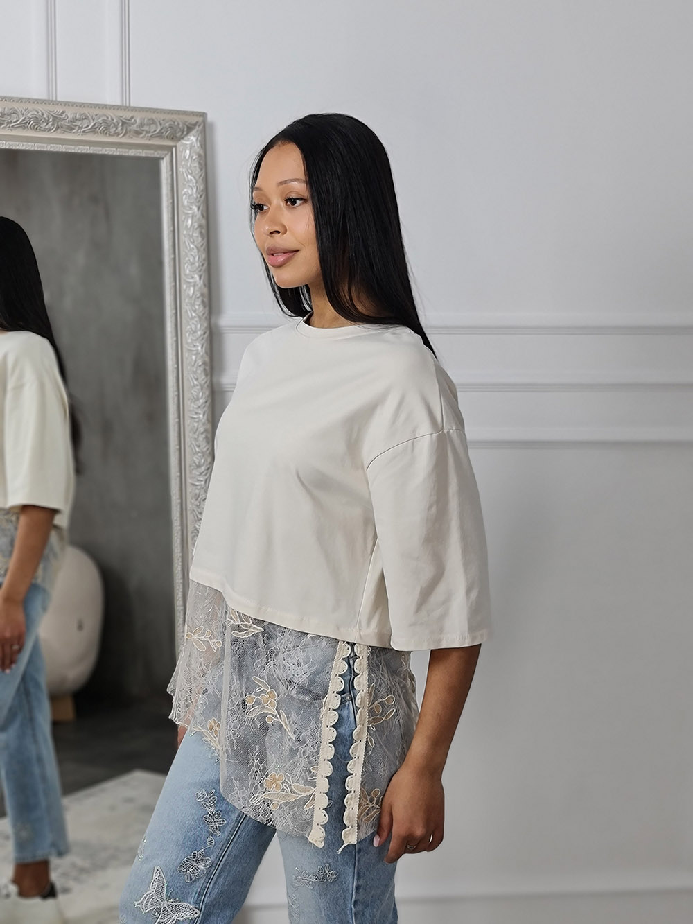 Футболка MIHO'S с кружевом снизу кремовая, фотография №4