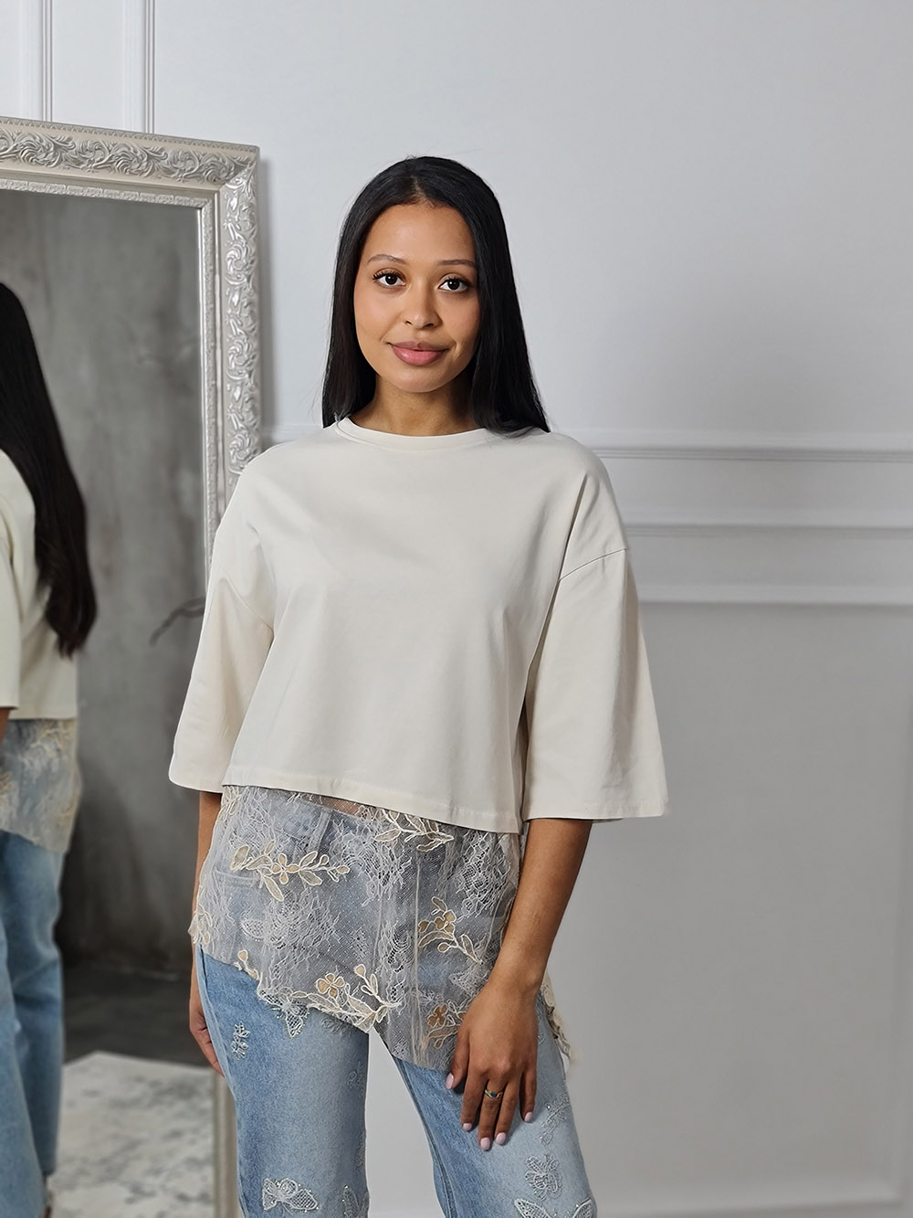 Футболка MIHO'S с кружевом снизу кремовая, фотография №1