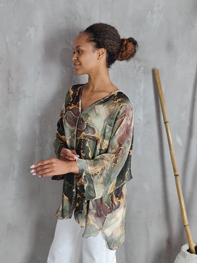 Рубашка Segreto с принтом "Мрамор" зеленая, фотография №3