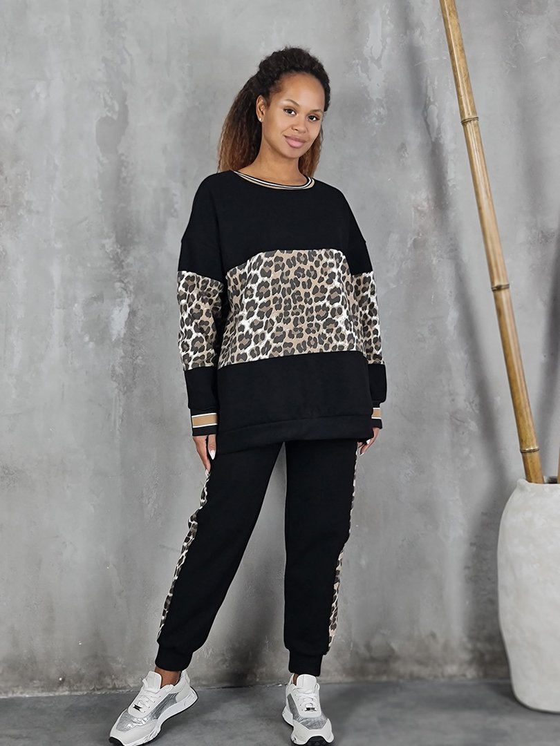 Костюм удлиненное худи на флисе с леопардом черный, фотография №2