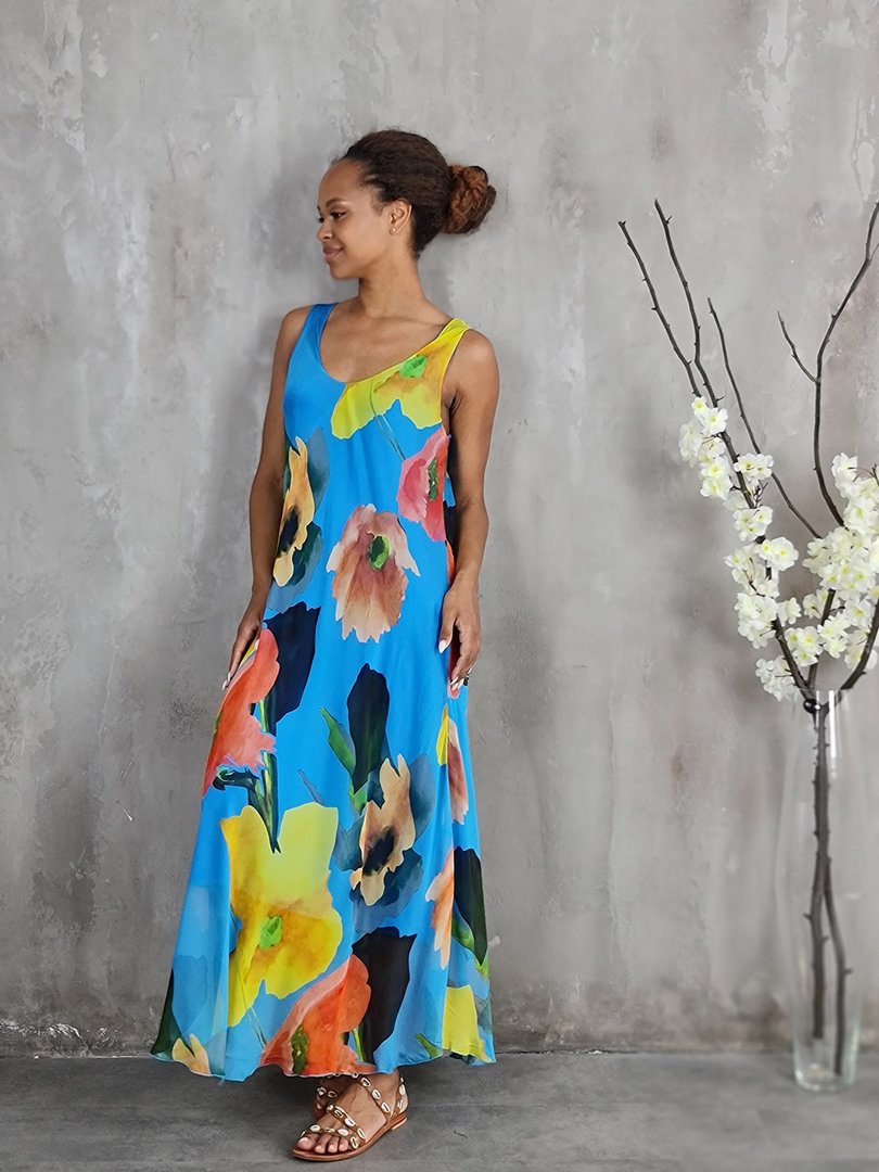 Платье Silk New с цветочным принтом голубое, фотография №3