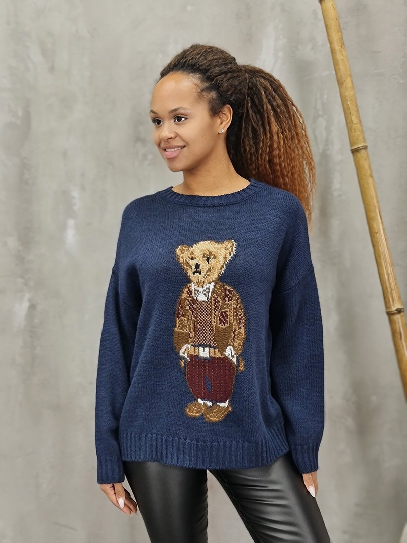 Джемпер Tensione in с принтом мишкой вязаный синий, фотография №2