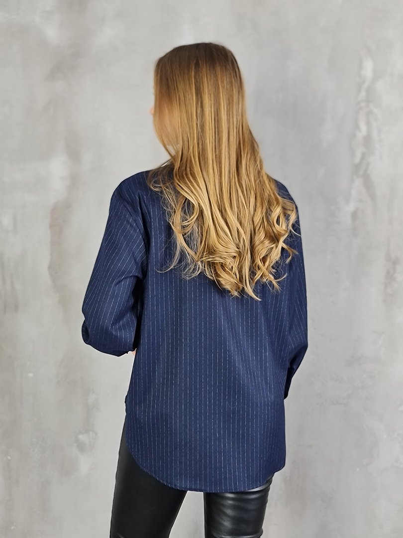 Рубашка Maryley в полоску с золотой брошью-цепью синяя, фотография №3