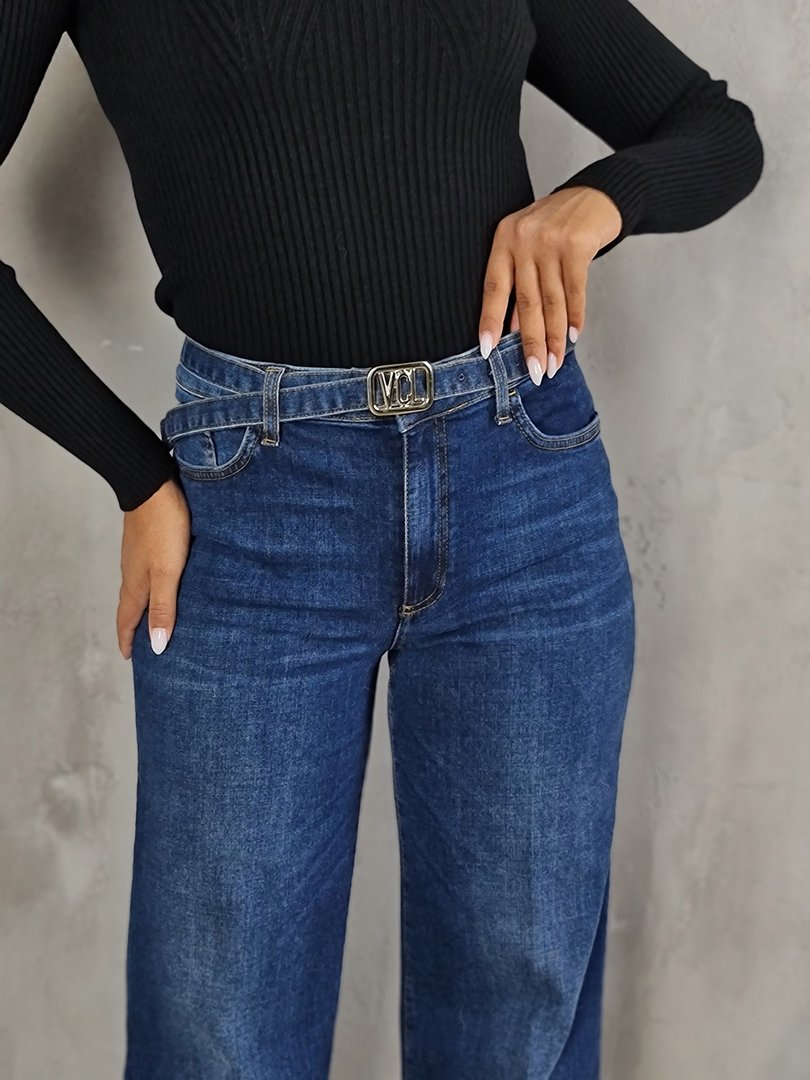 Джинсы Vicolo клёш и ремень с золотой пряжкой синие, фотография №3