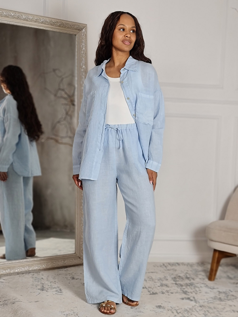 Костюм Shaken льняной рубашка и брюки голубой , фотография №1