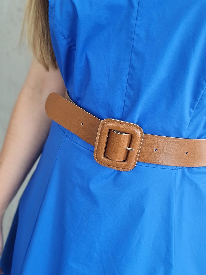 Платье Imperial без рукавов с коричневым ремнем синее, фотография №3