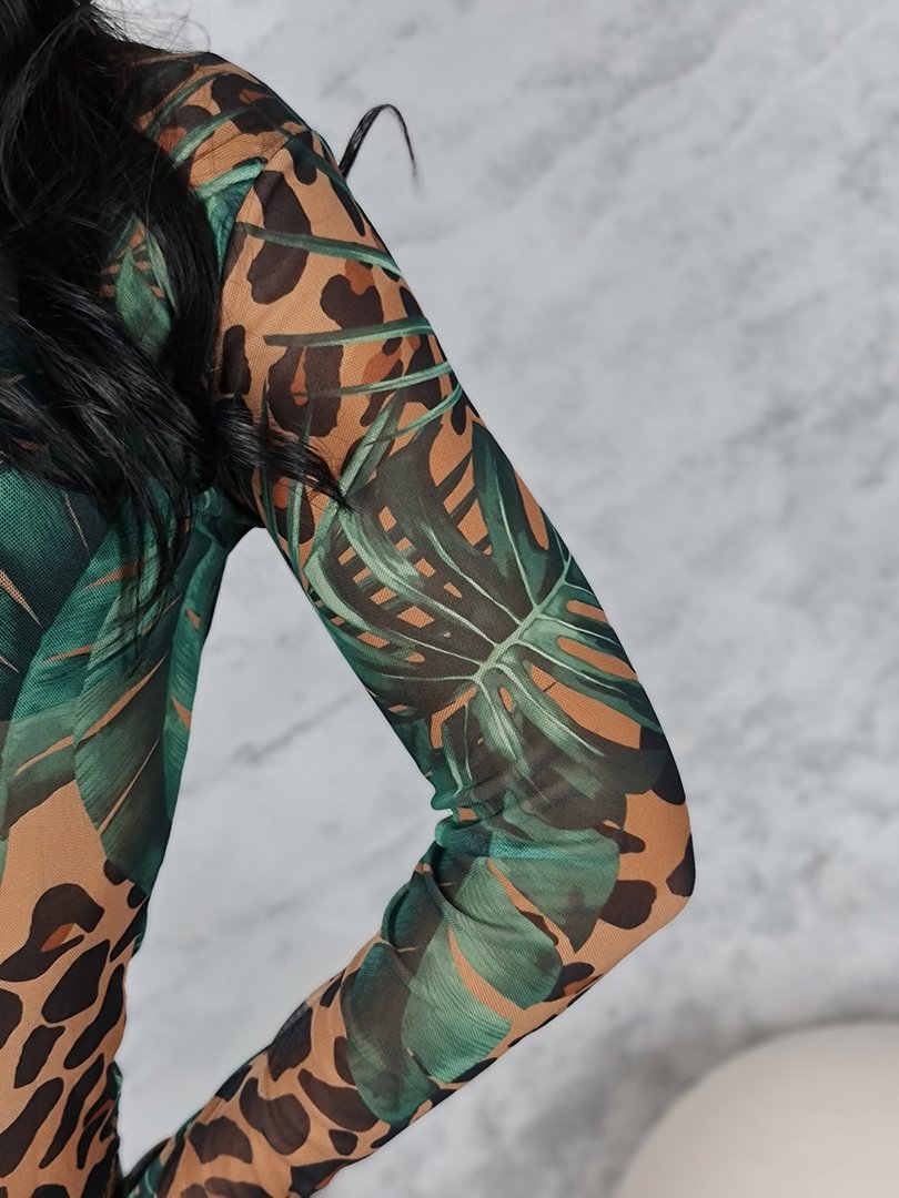 Лонгслив LUMINA сетчатый с принтом листочков леопард, фотография №4