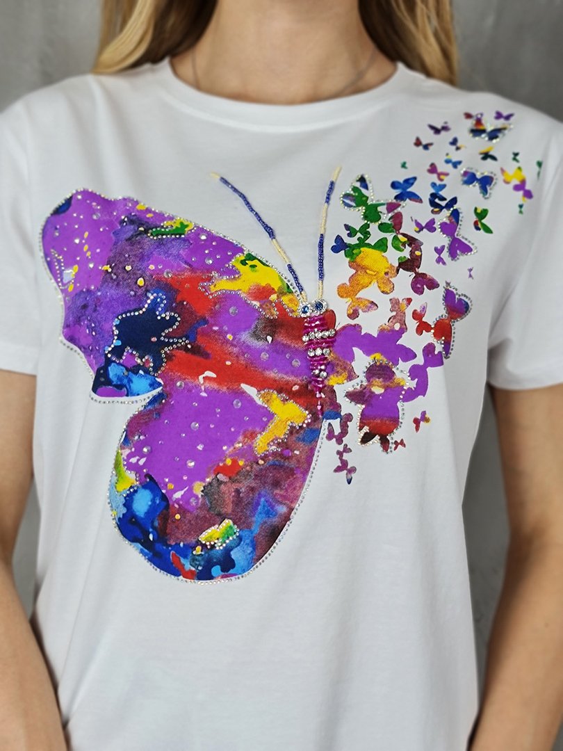 Футболка Miss Kiss с принтом фиолетовой бабочки белая, фотография №2