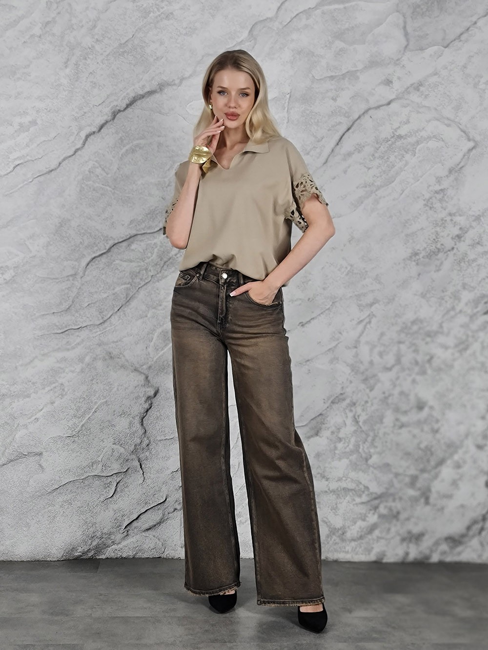 Поло Lara с вышивкой короткий рукав бежевое, фотография №2