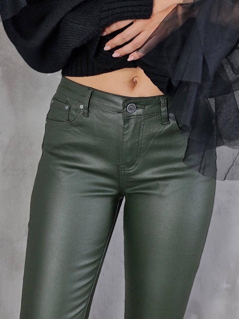 Брюки 3D Denim БЕЗ флиса экокожа skinny хаки, фотография №2