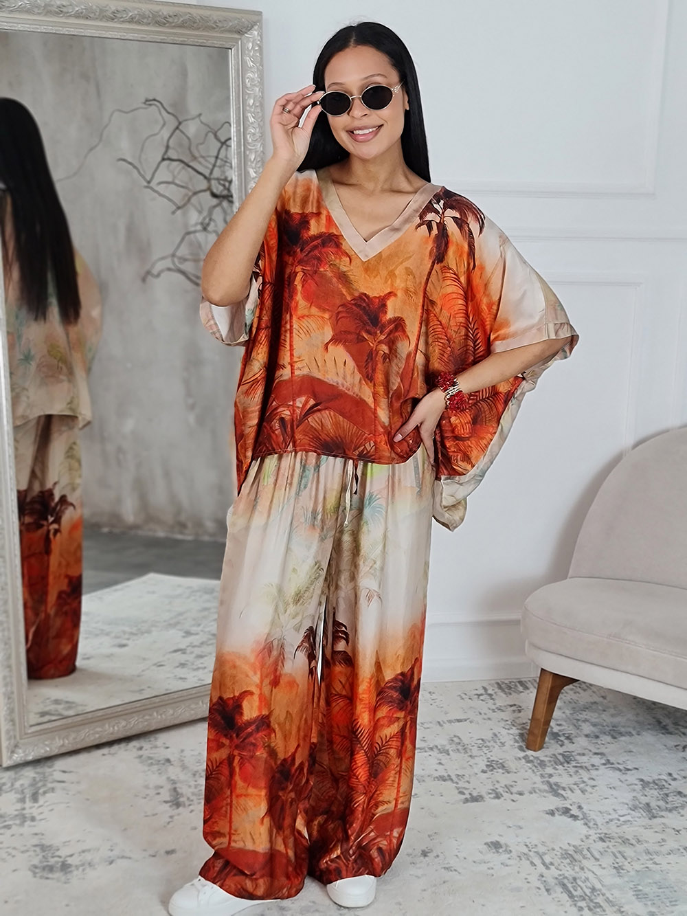 Костюм New Collection джемпер + брюки с принтом пальмы красно-оранжевый, фотография №1