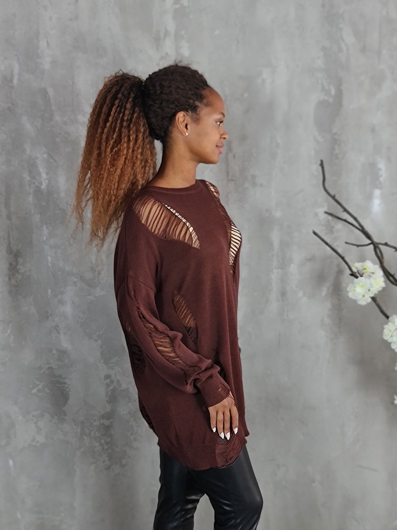 Джемпер Kontatto с рваными вставками коричневый, фотография №3