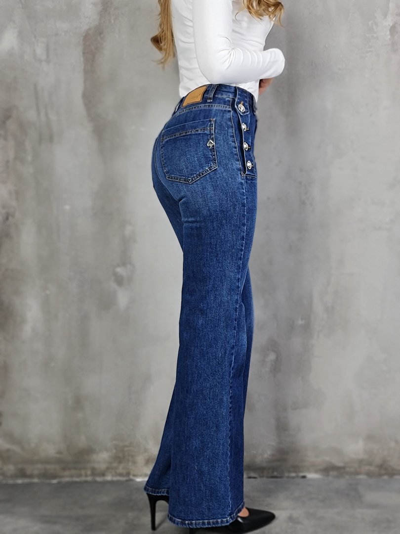 Джинсы Maryley клёш с золотыми пуговицами по бокам синие, фотография №2