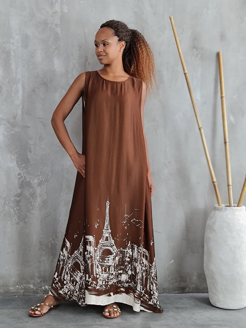Платье MIHO'S с принтом Парижа на подоле шоколад, фотография №2