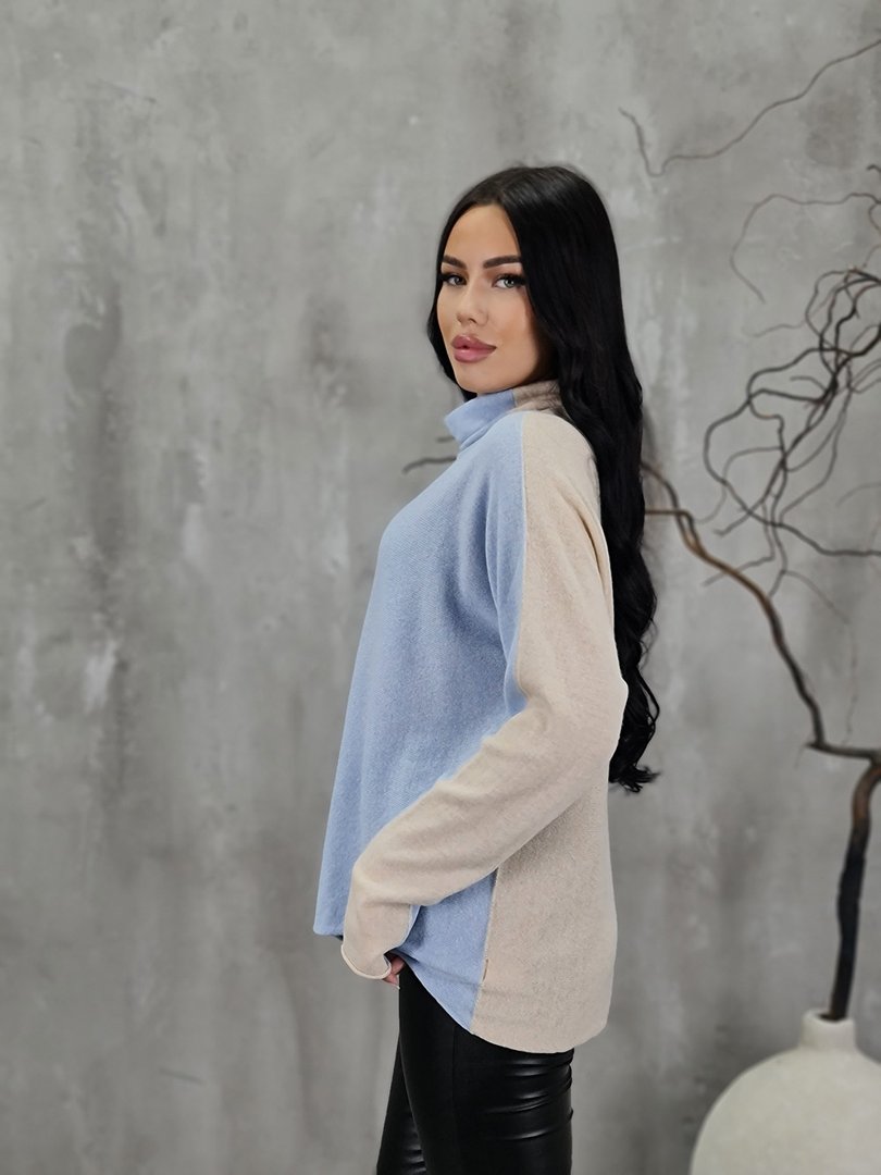 Водолазка Cashmere Blend с кашемиром двухцветная голубая/кремовая, фотография №4