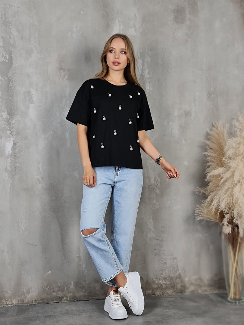 Футболка li.fe style с жемчужинками черная, фотография №2