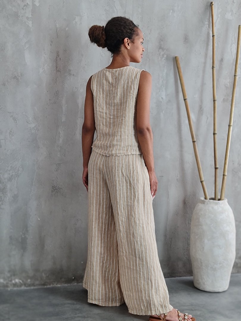 Костюм PURE LINEN жилет и брюки в полоску бежевый, фотография №2
