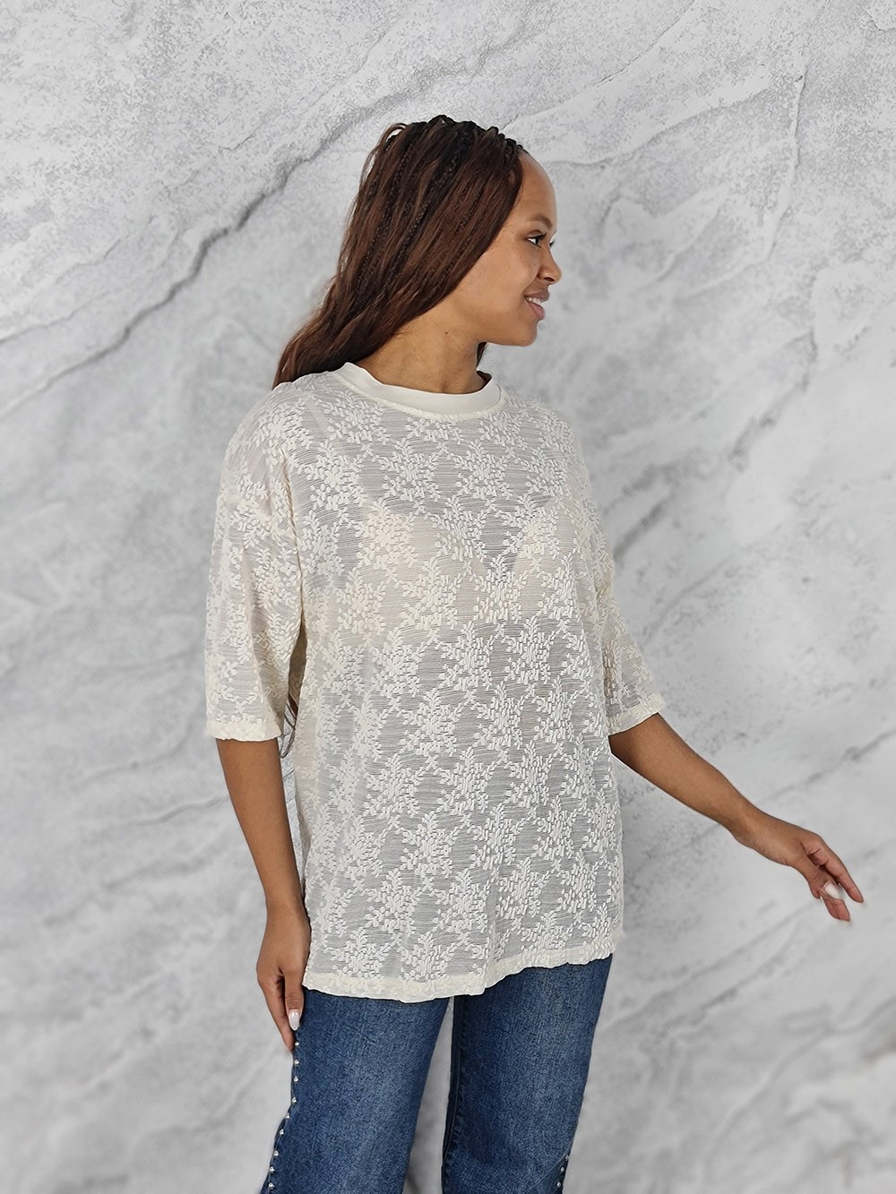 Блузка MIHO'S в сеточку с вышивкой кремовая, фотография №5