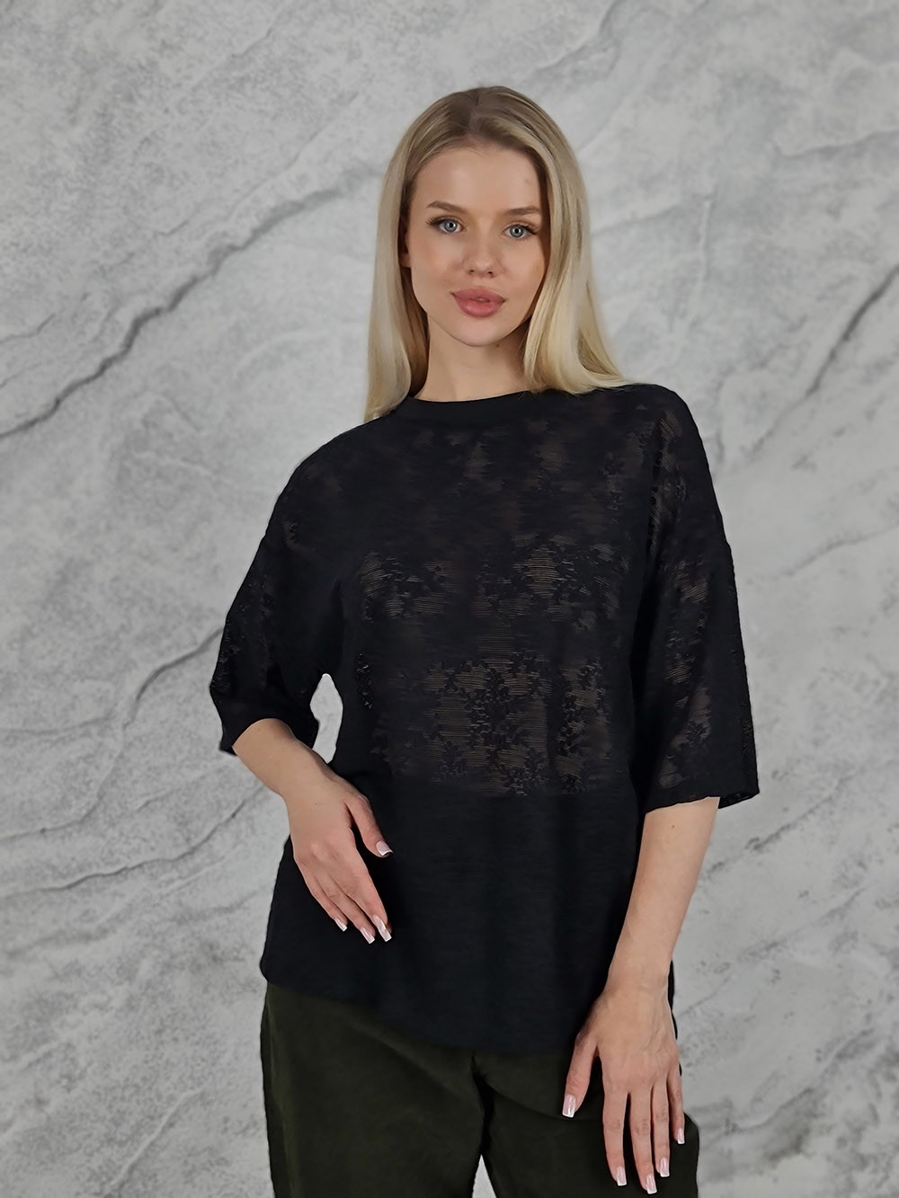 Блузка MIHO'S в сеточку с вышивкой черная, фотография №1