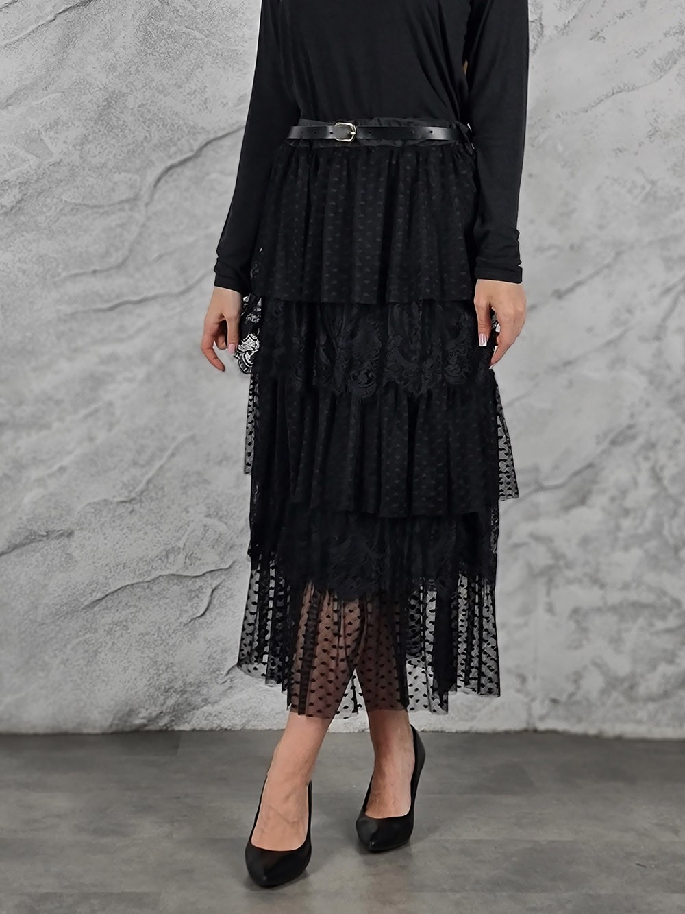 Юбка фатиновая в горошек с ремнем черная, фотография №4