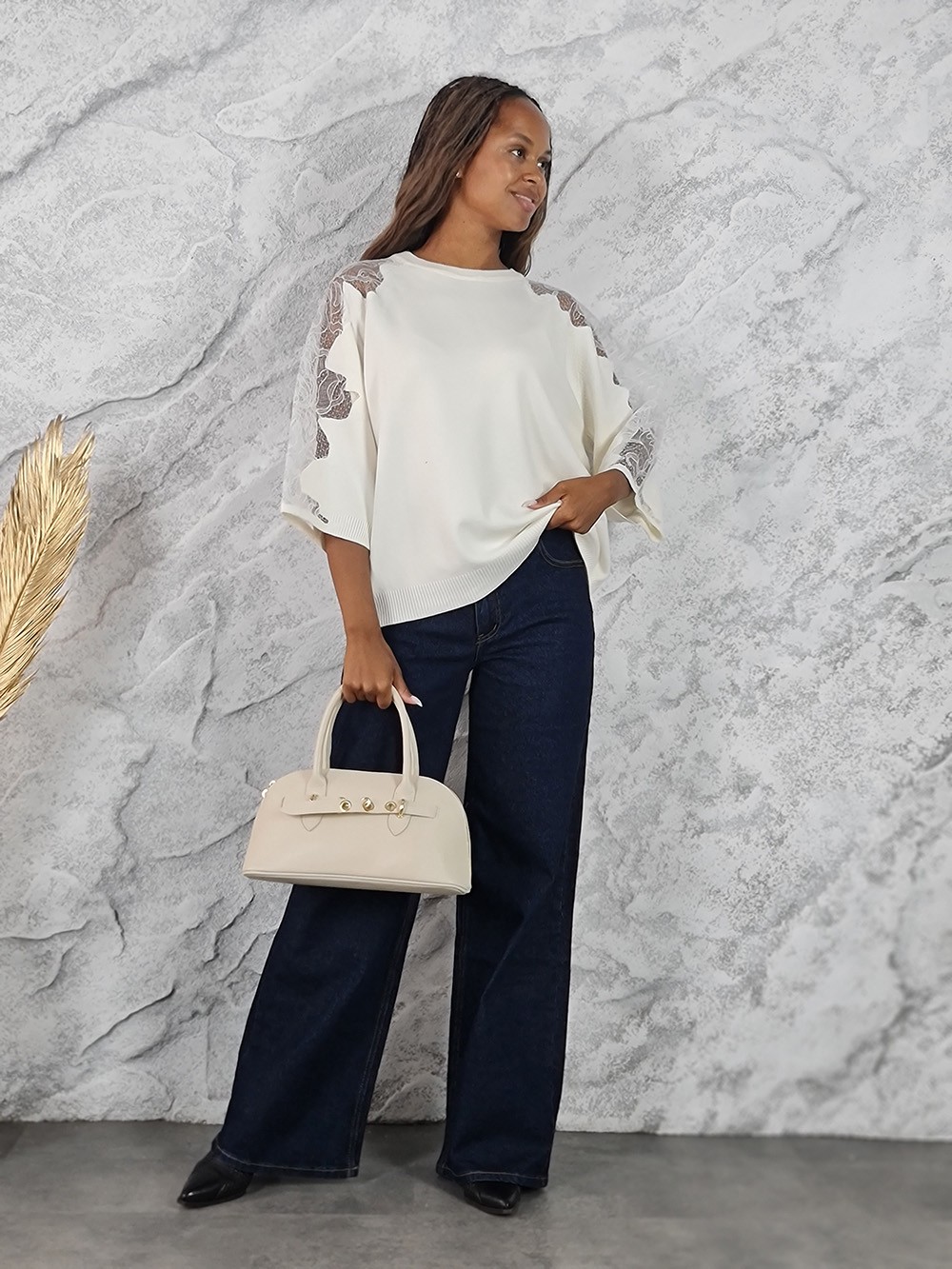 Джемпер Lara рукав 3/4 в сетку молочный, фотография №2