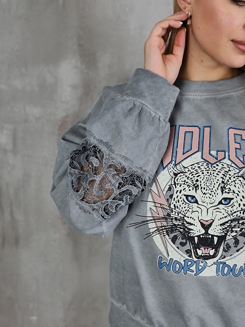 Джемпер MIHO'S с кружевом и принтом тигра серый, фотография №3