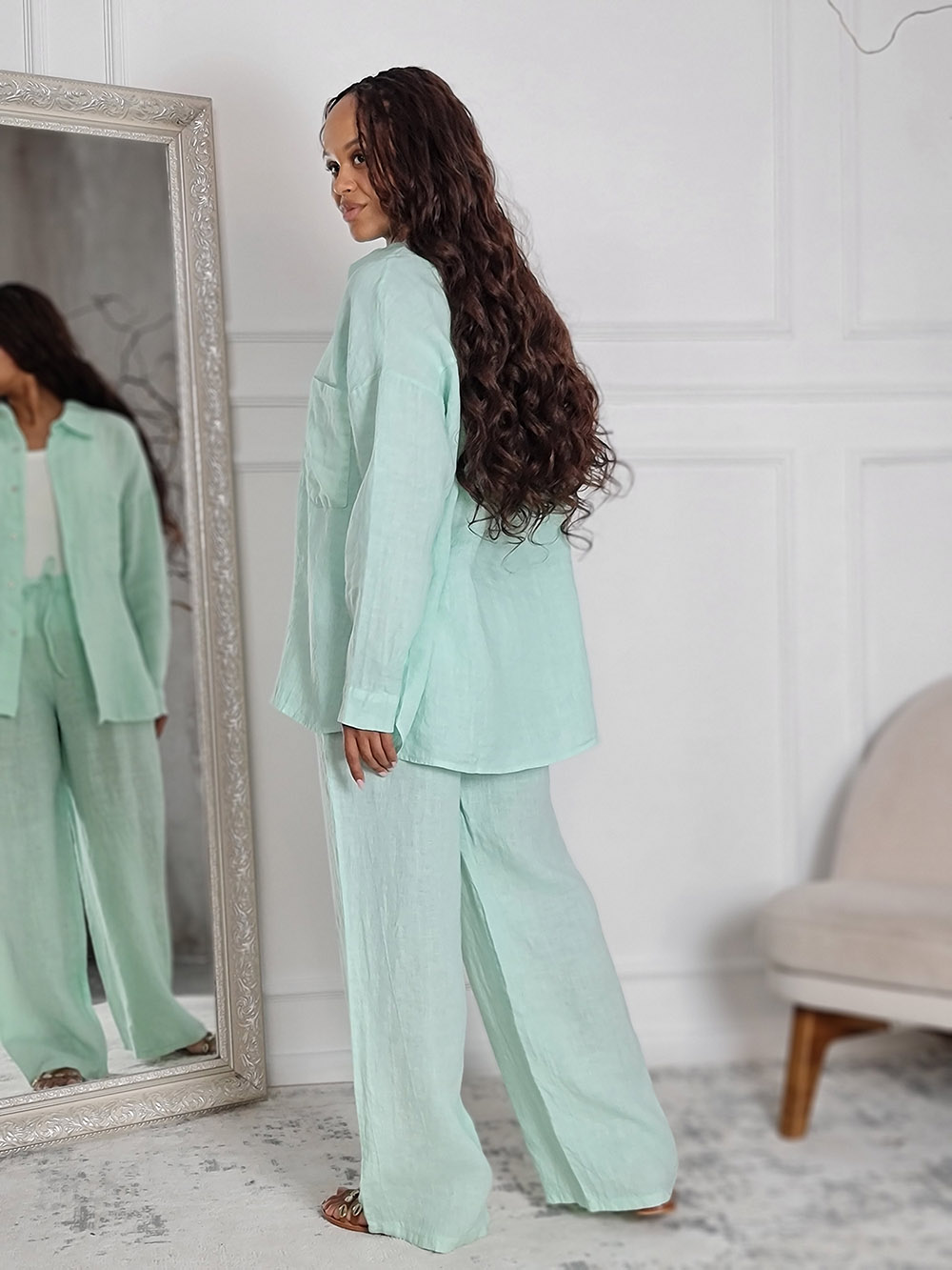 Костюм Shaken льняной рубашка и брюки мятный , фотография №3