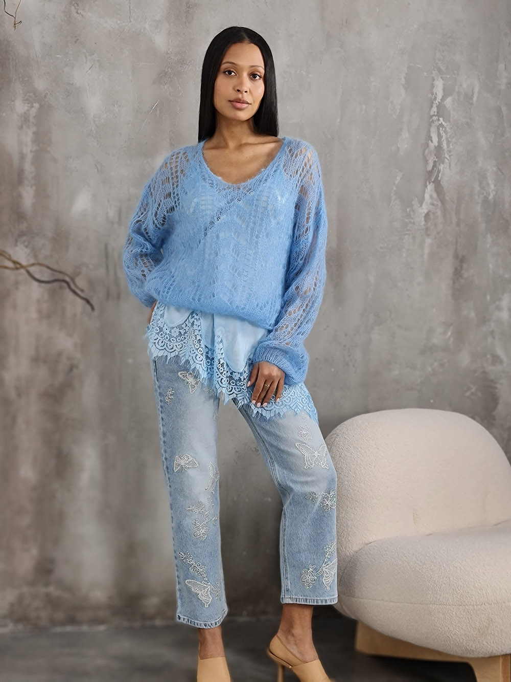 Джемпер Silk new v вырез мохер синий, фотография №2