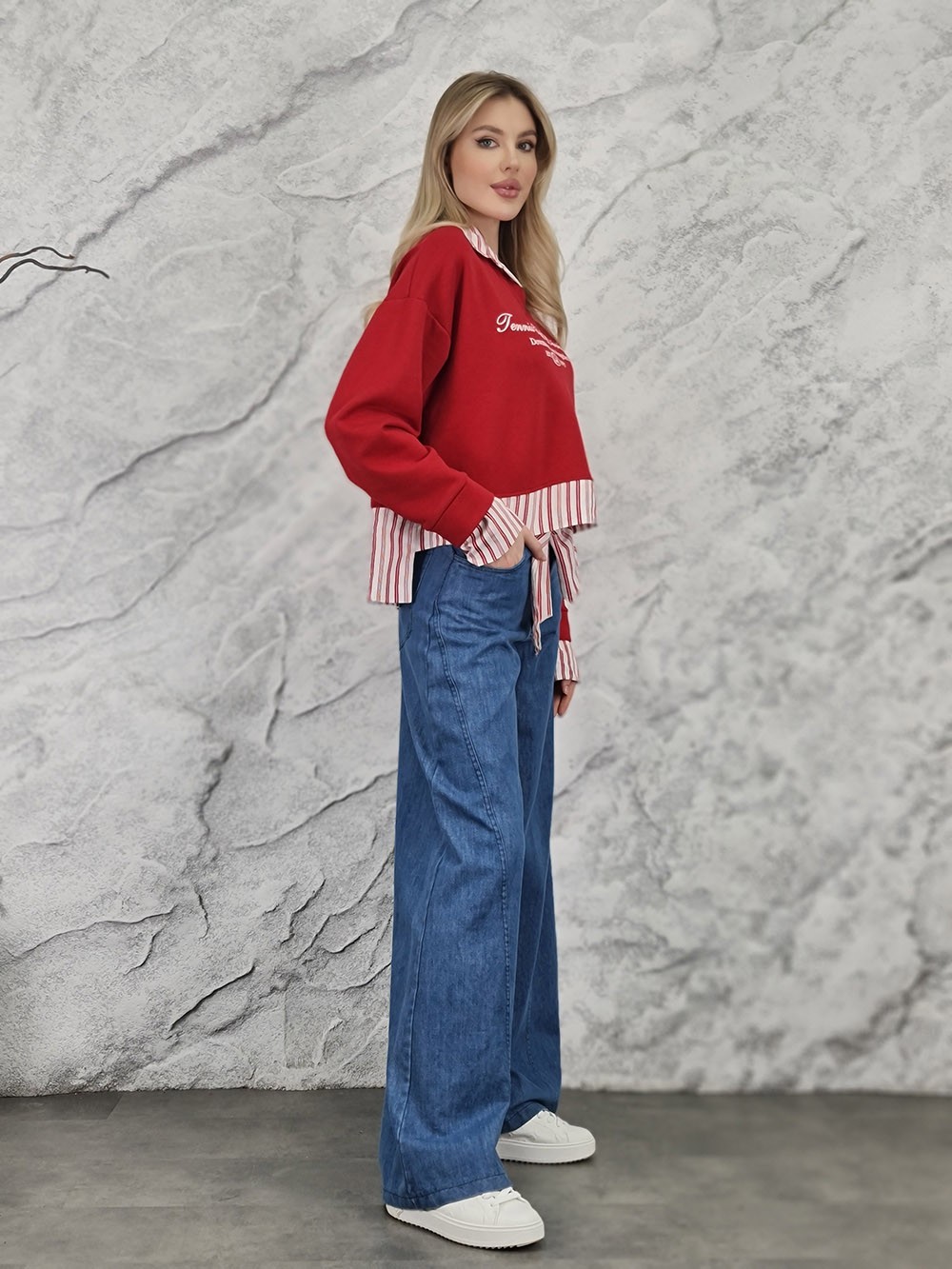 Костюм MIHO'S джемпер с имитацией рубашки и брюки джинсовые, фотография №2