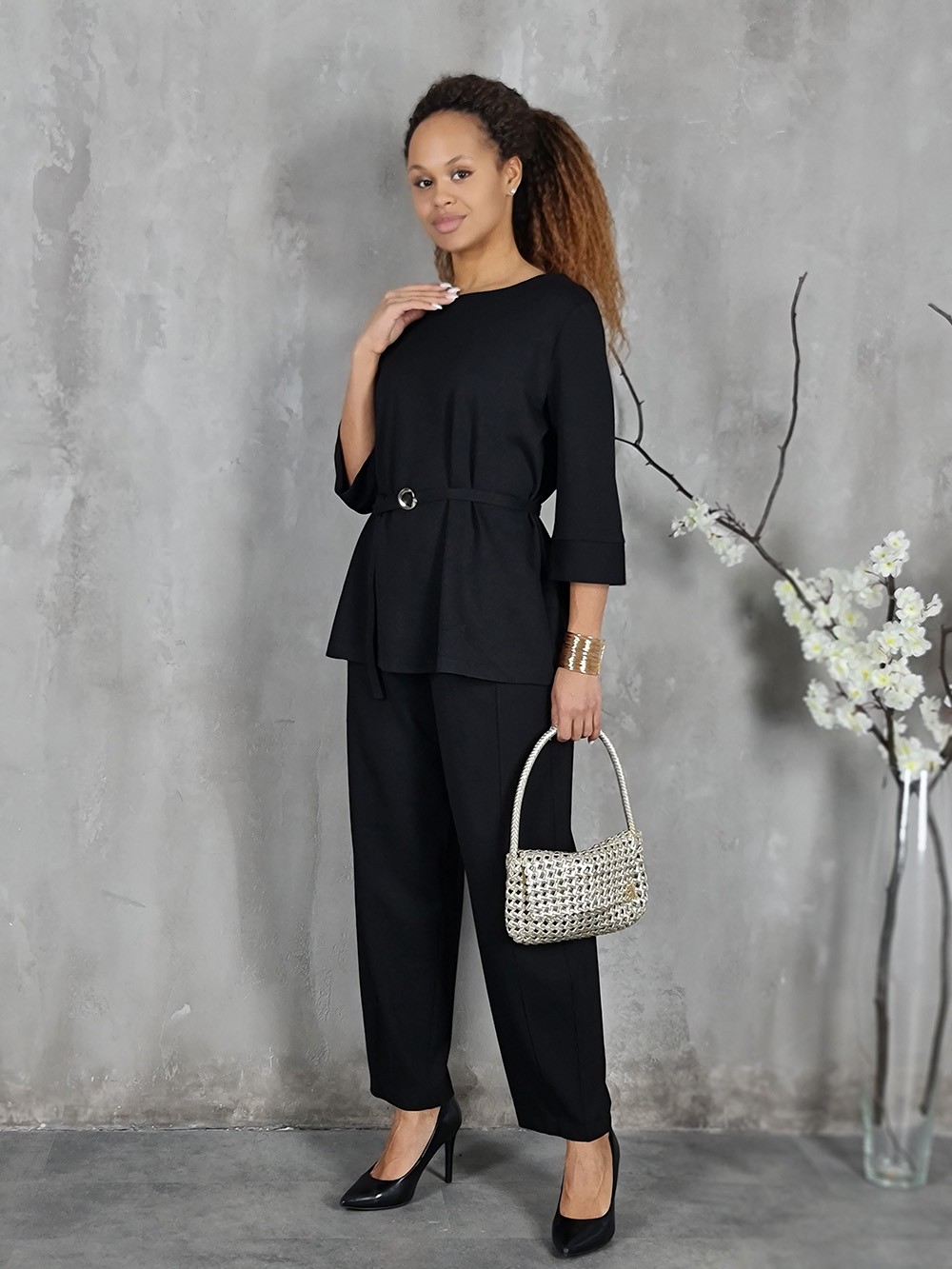 Костюм Imperial джемпер 3/4 с поясом и брюки на резинке черный (FH86JHZ), фотография №1