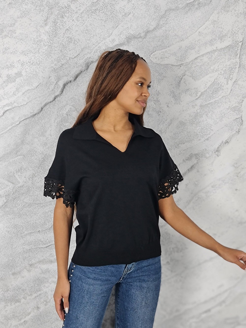 Поло Lara с вышивкой на рукавах черное, фотография №1