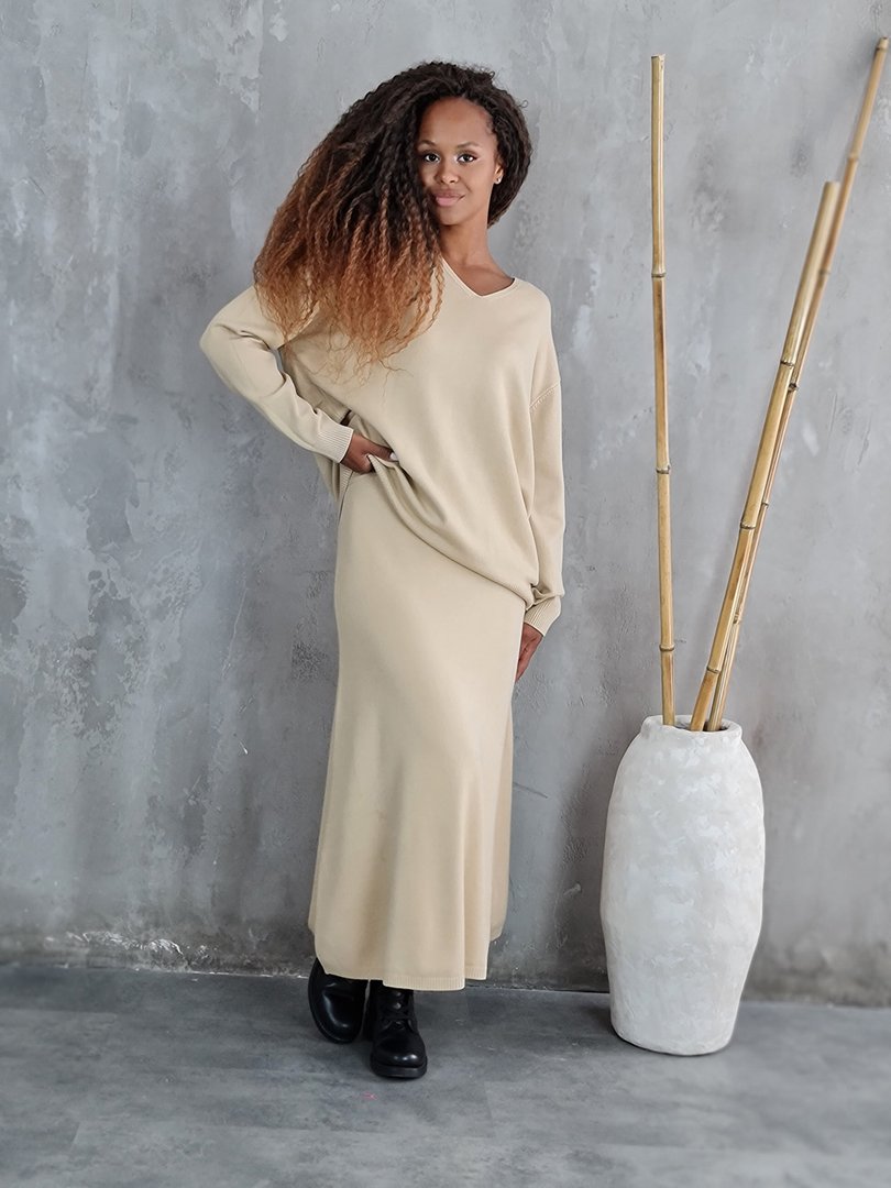 Костюм Lara джемпер и А-образная юбка песочный, фотография №3