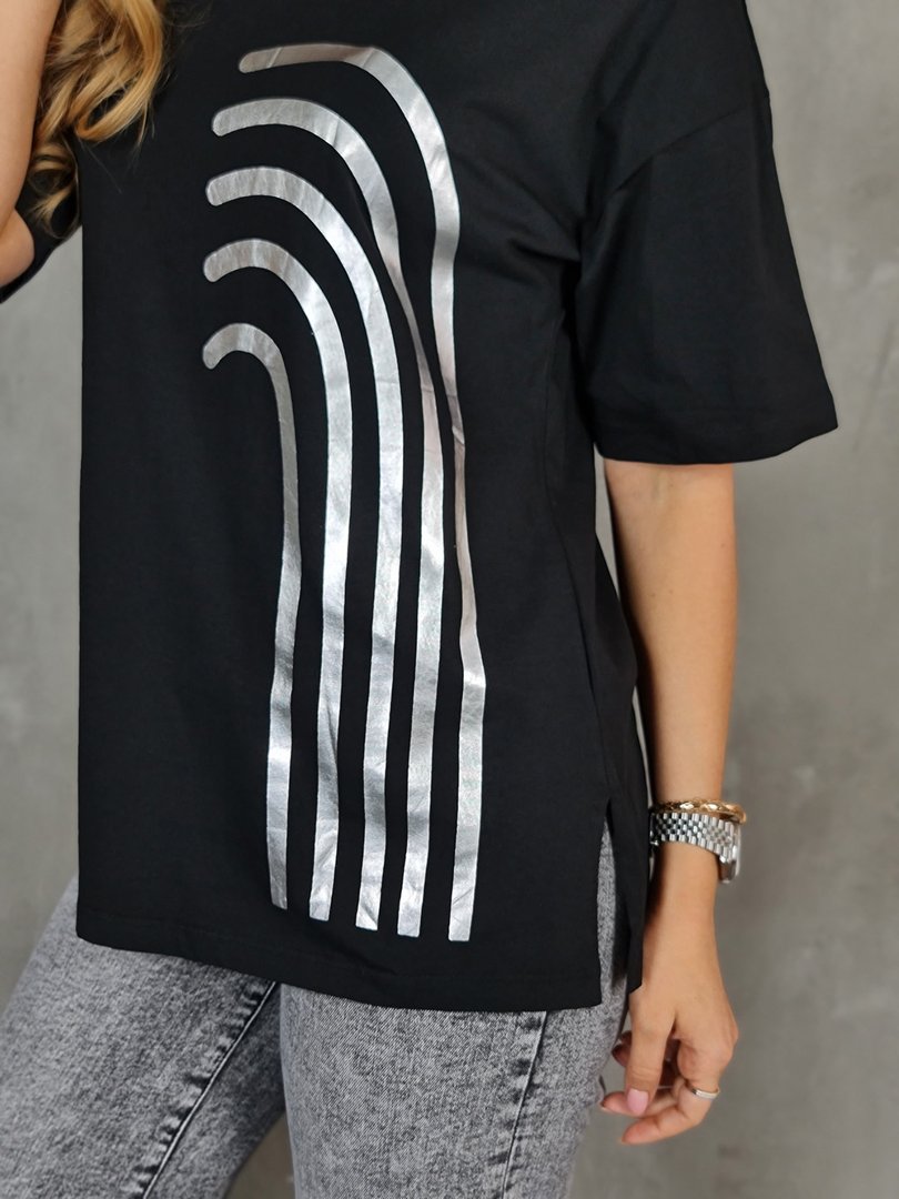 Футболка li.fe style с серебрянными линиями черная , фотография №2