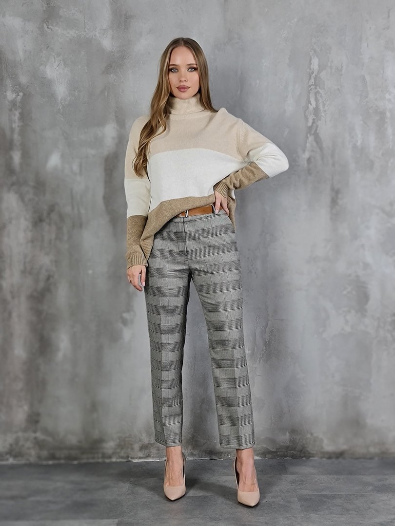 Брюки Imperial с коричневым ремнем в крупную клетку серые, фотография №2