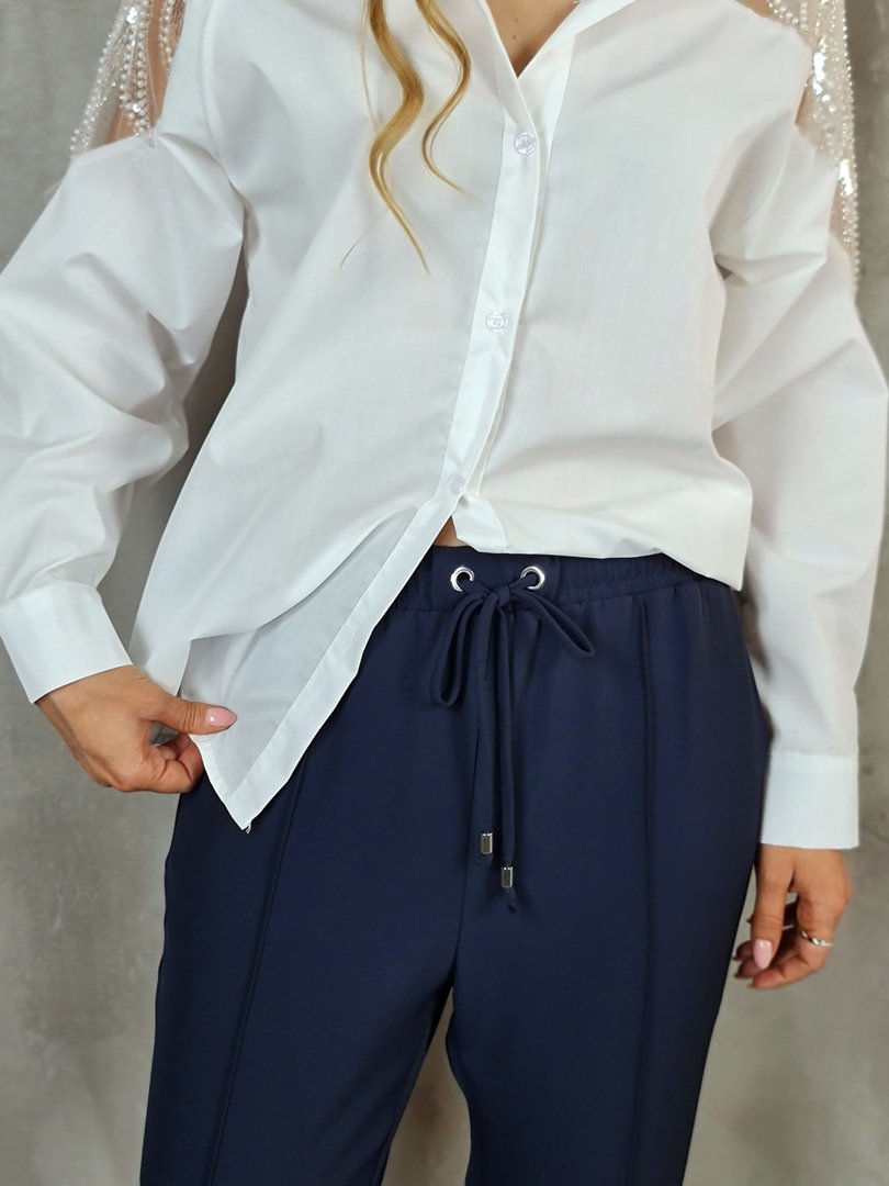 Брюки Imperial с завязочками из тонкой ткани темно-синие, фотография №4