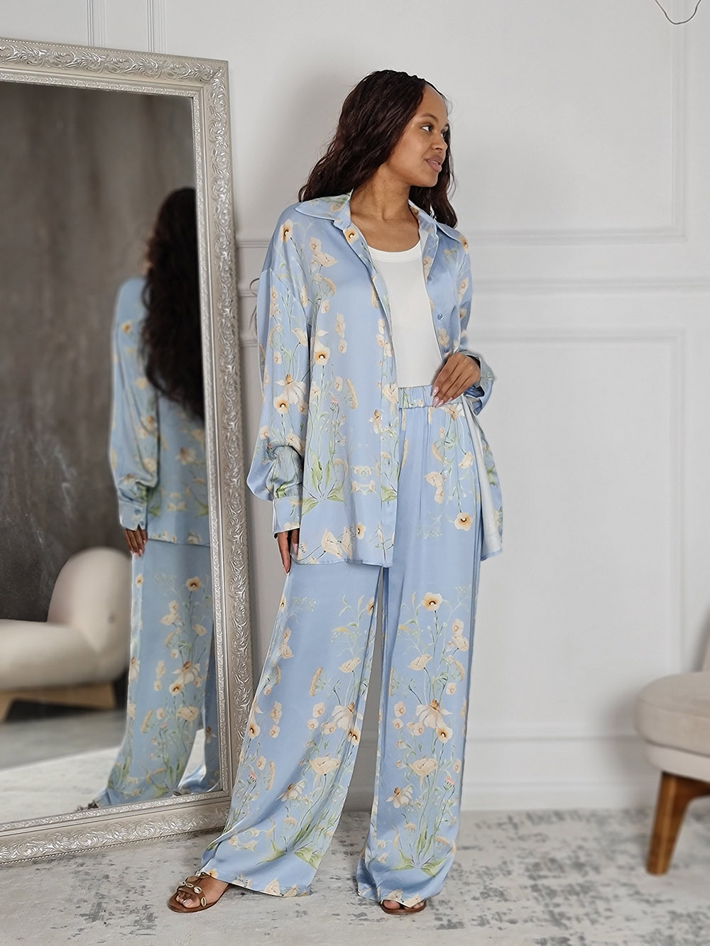 Костюм CLOTHÉ рубашка + брюки с принтом цветы голубой, фотография №1