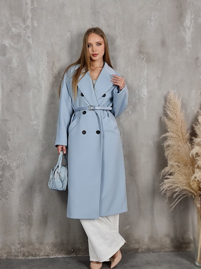 Пальто Imperial с поясом голубое, фотография №5