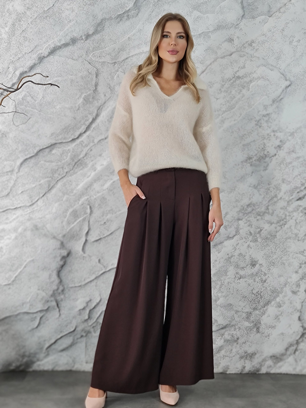 Брюки Imperial палаццо с тонким ремнем шоколад, фотография №2