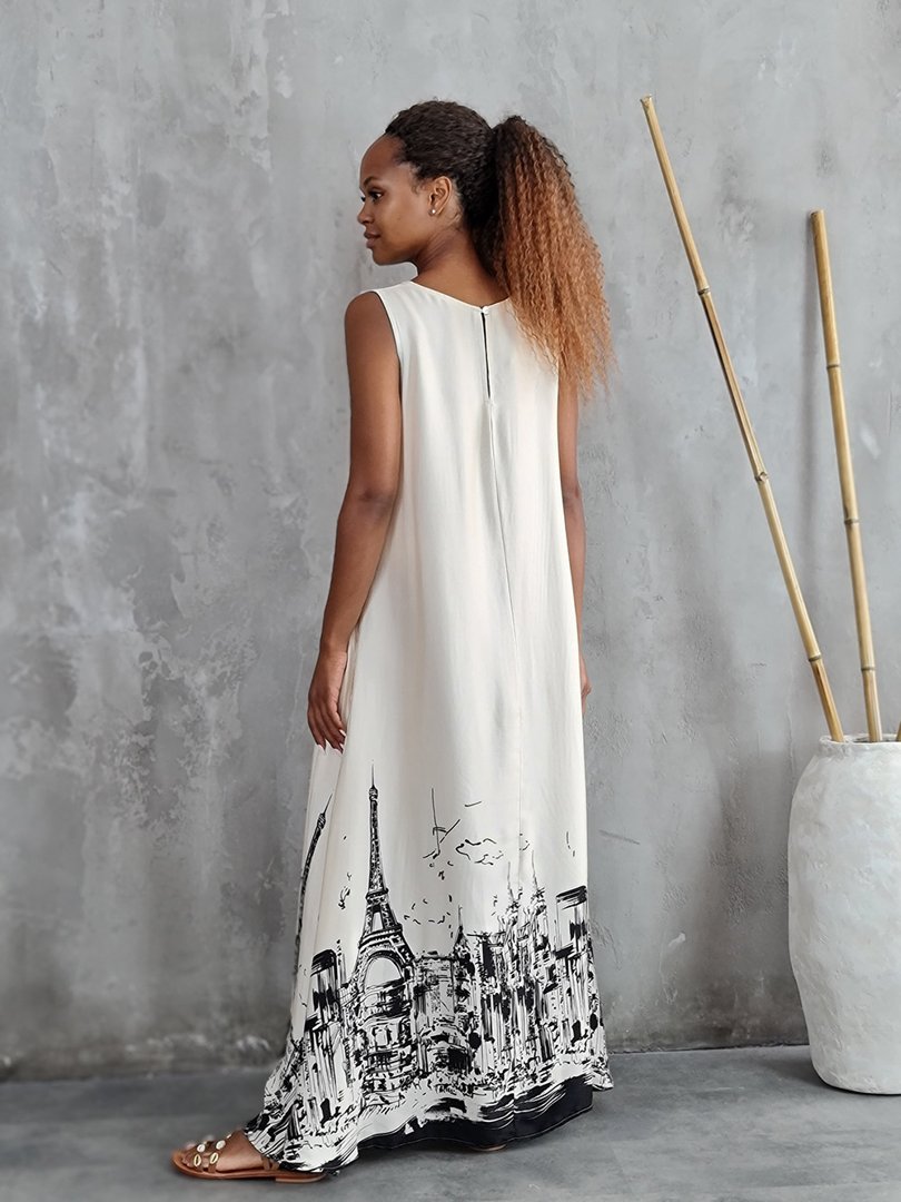 Платье MIHO'S с принтом Парижа на подоле молочное, фотография №3