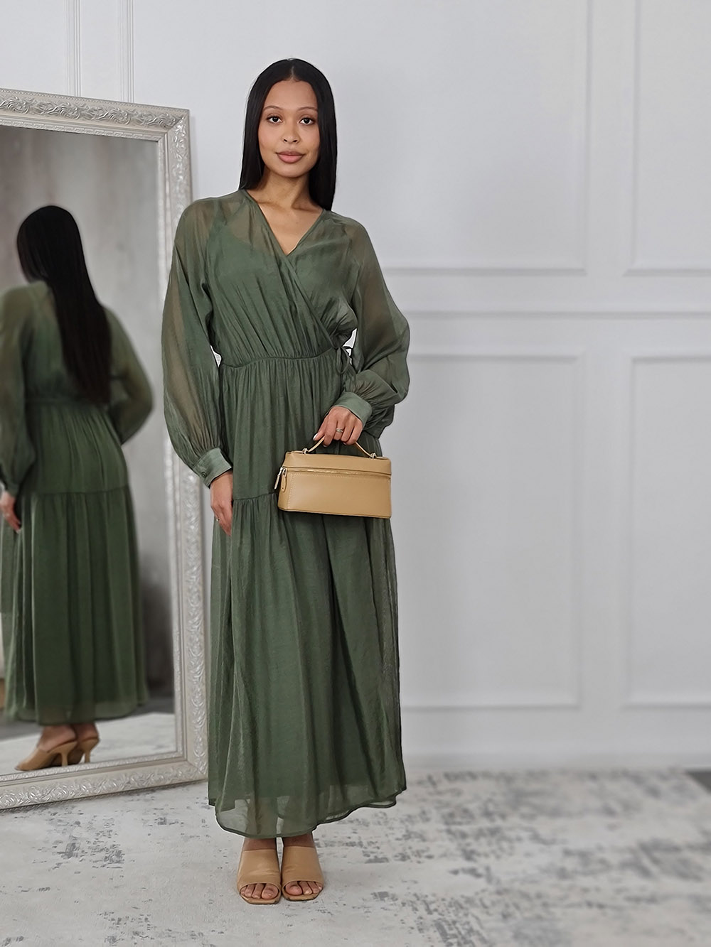 Платье CLOTHÉ на запах полупрозрачное хаки, фотография №1