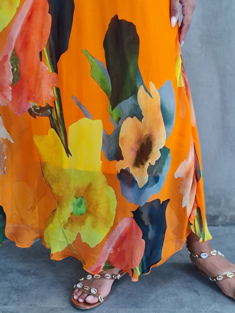 Платье Silk New с цветочным принтом оранжевое, фотография №4