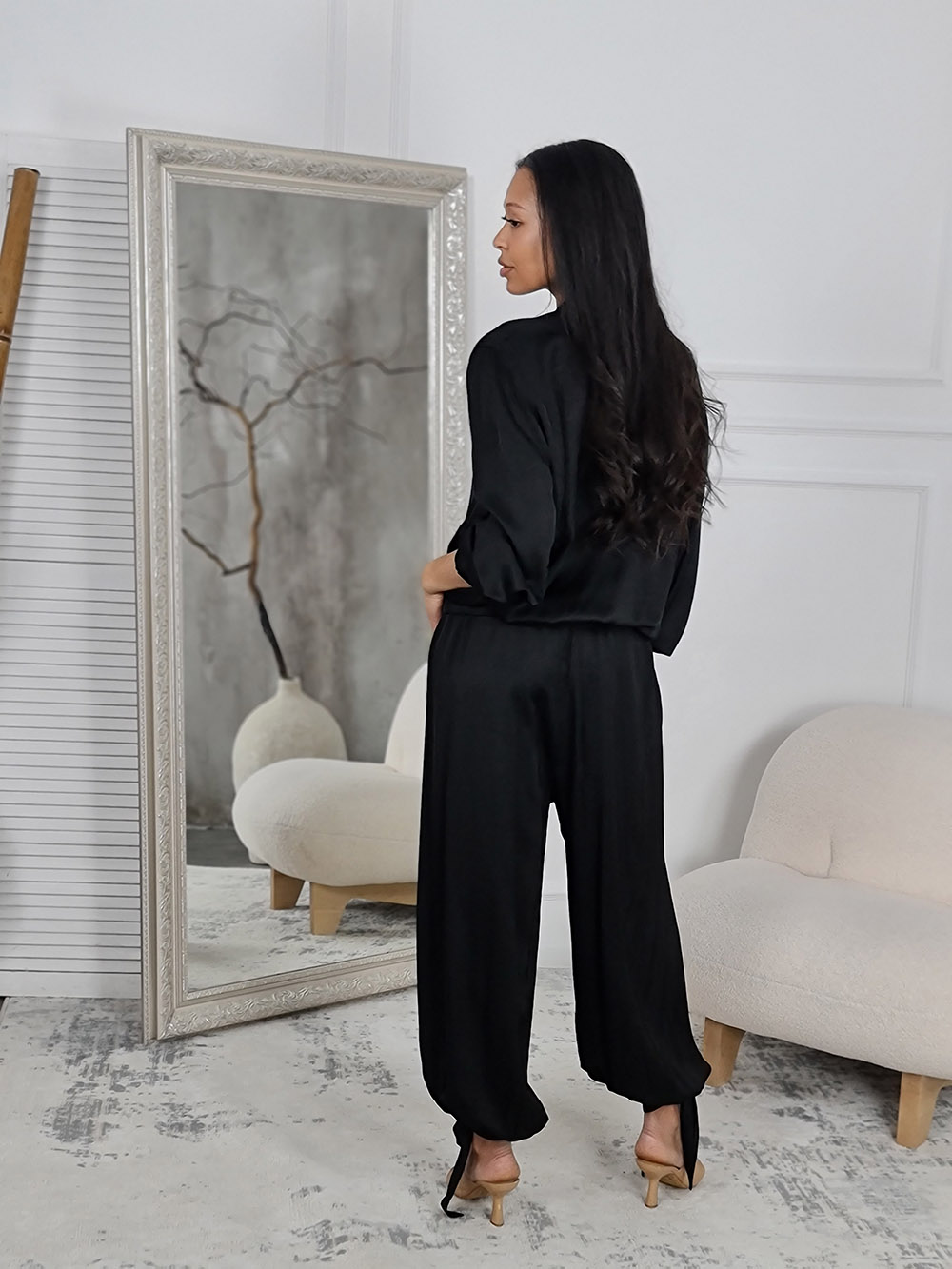 Костюм New Collection атласный бомбер и брюки черный, фотография №3