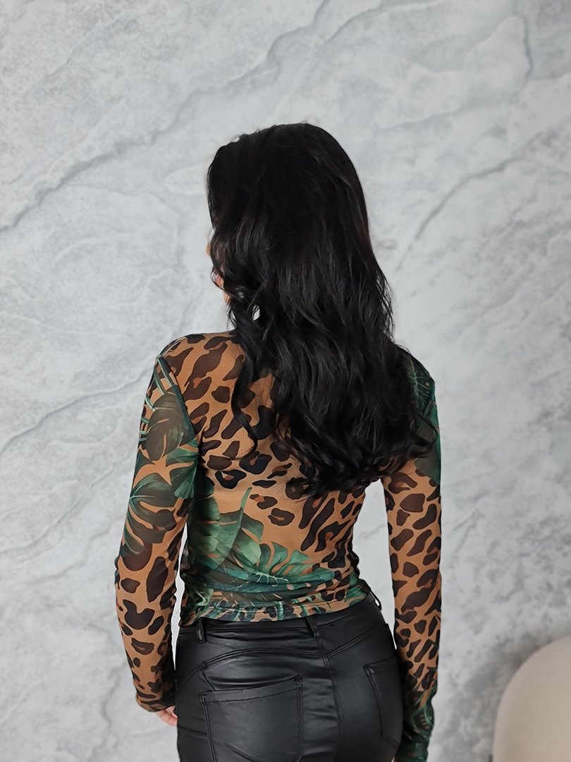 Лонгслив LUMINA сетчатый с принтом листочков леопард, фотография №3