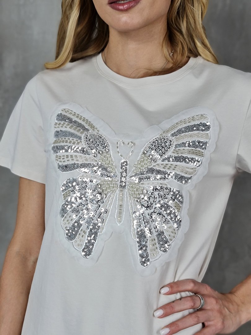 Футболка Monte Cervino с большой бабочкой из страз кремовая, фотография №3