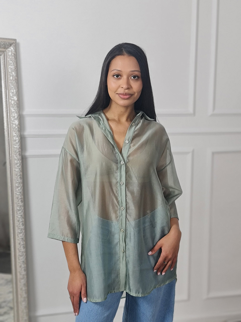 Рубашка MIHOs удлиненная с розой на спине оливка, фотография №1