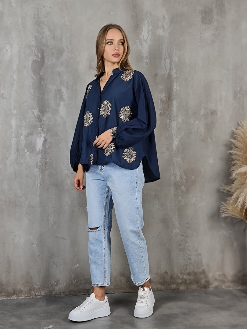 Рубашка J&J Couture с золотым принтом синяя, фотография №2