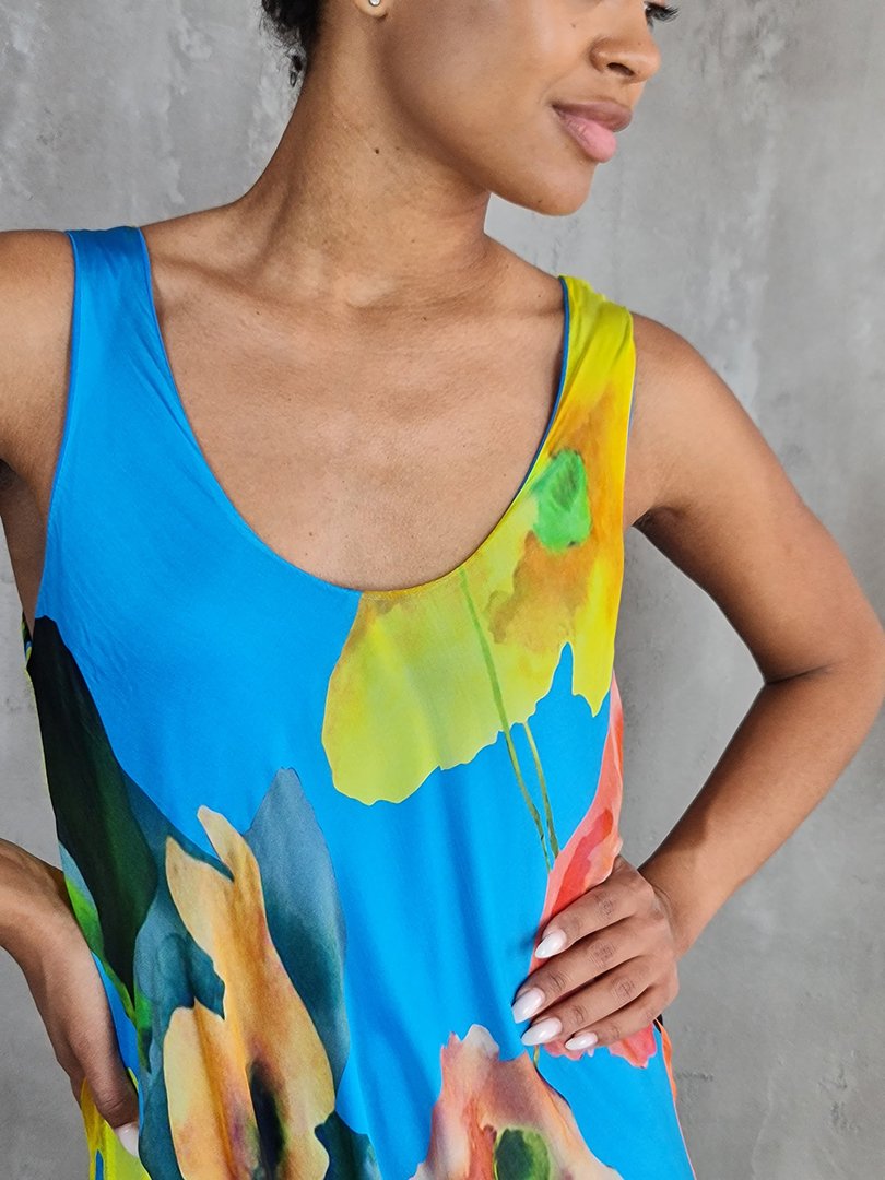 Платье Silk New с цветочным принтом голубое, фотография №6