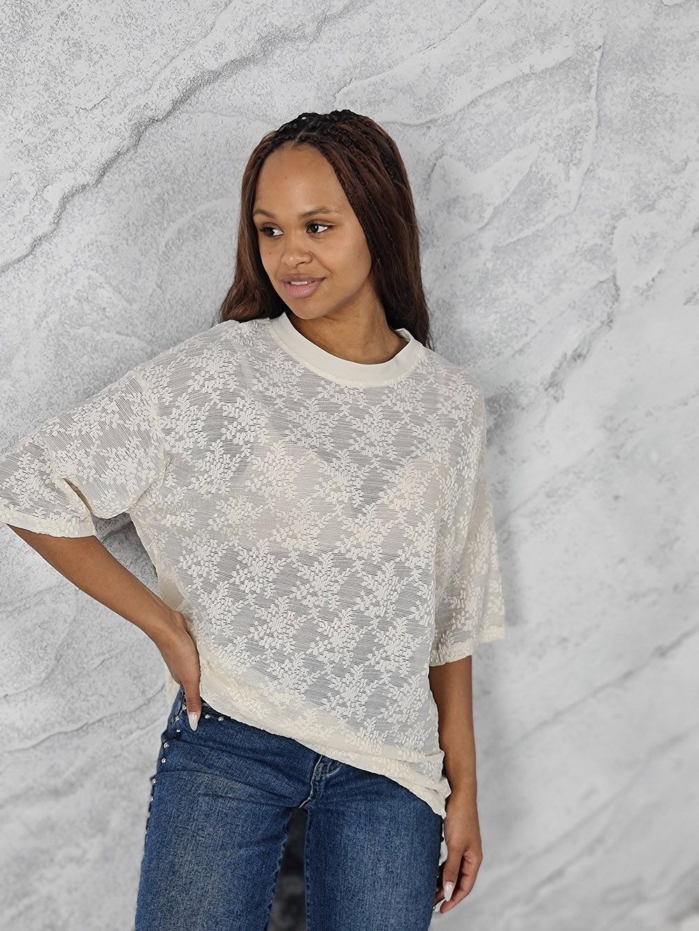 Блузка MIHO'S в сеточку с вышивкой кремовая, фотография №1